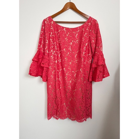 Eliza J Dresses & Skirts - Eliza J Elegant Pink Lace Overlay with Nude Lining Tiered‎ Bell Sleeves Size 14